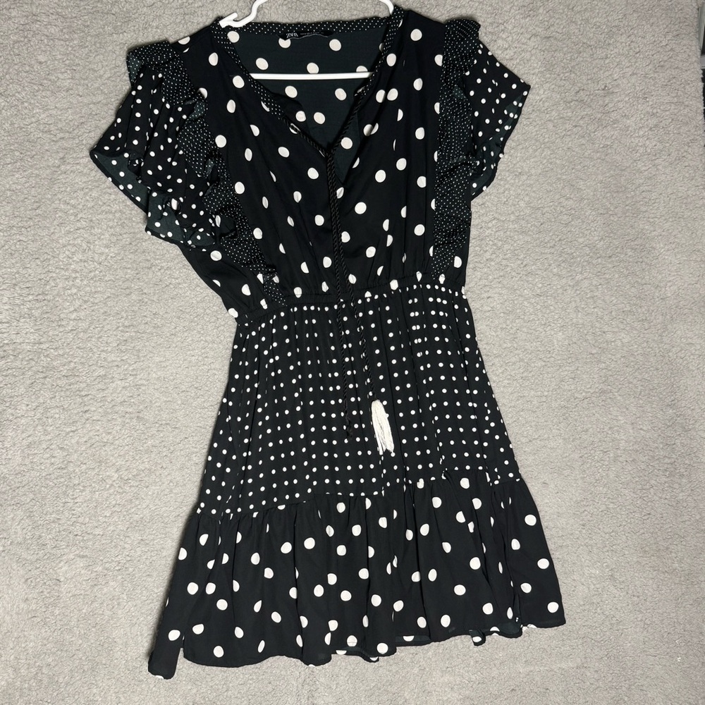 Zara Womens Polka Dots Mini Dress Black White Ruffle Sleeve V Neck Small